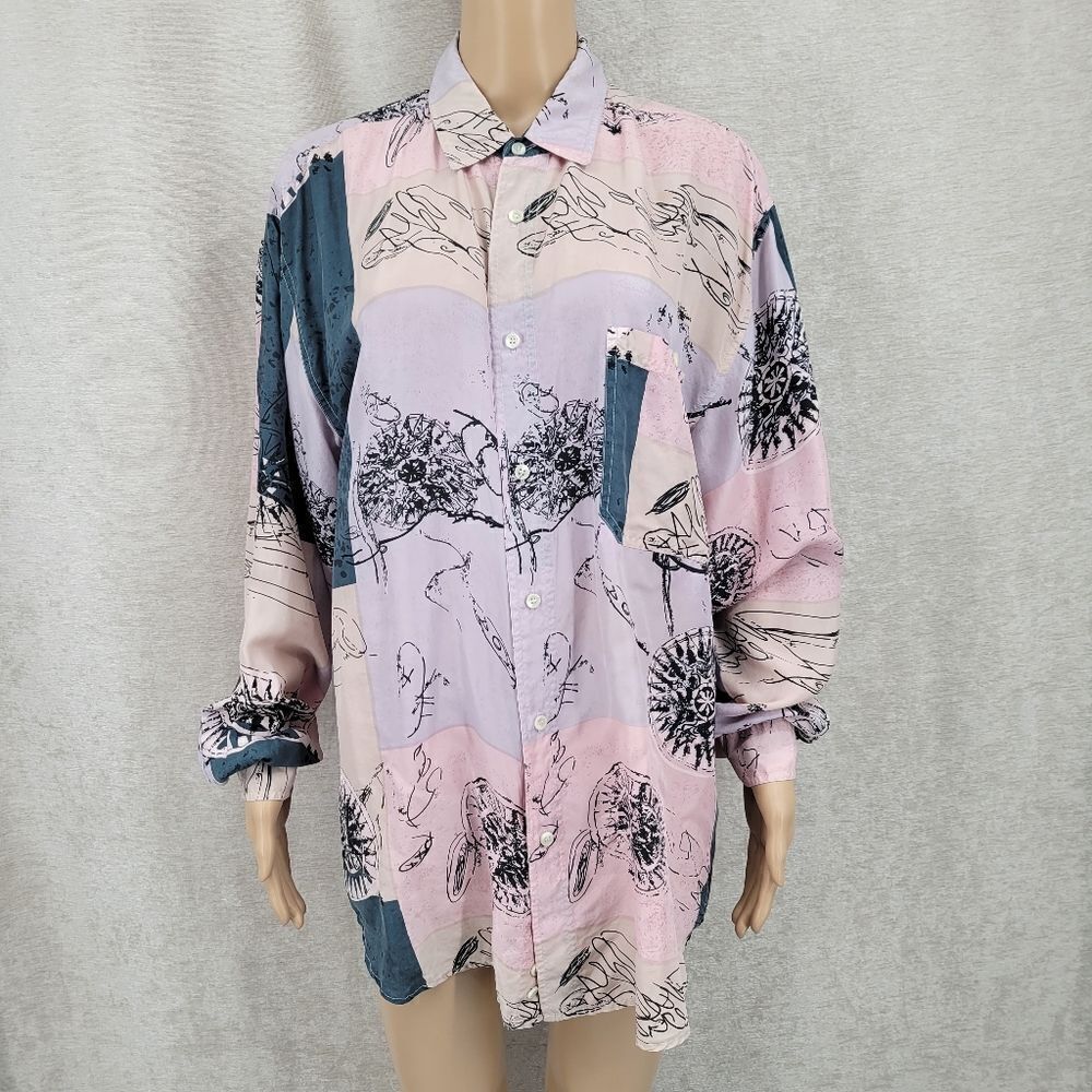 Lucky Star Vintage Silk Oversized Pastel Pink Purple Nautical Button Down Shirt